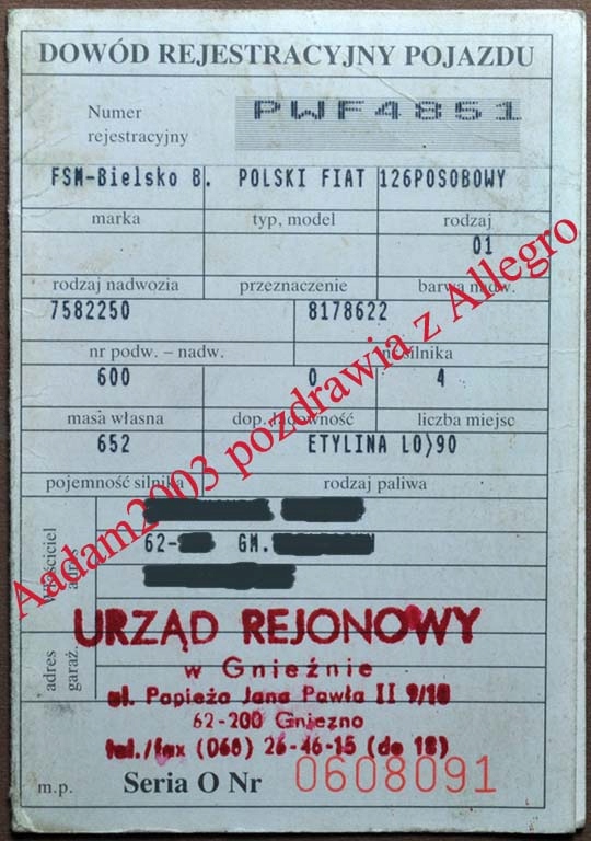 DOWÓD REJESTRACYJNY KOLEKCJONERSKI, FIAT 126p