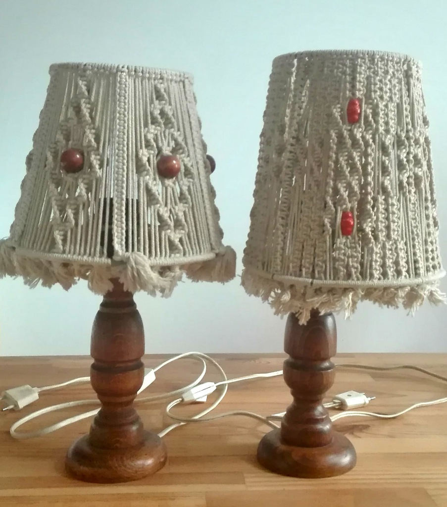 2 lampki nocne vintage ażurowy abażur drewniano