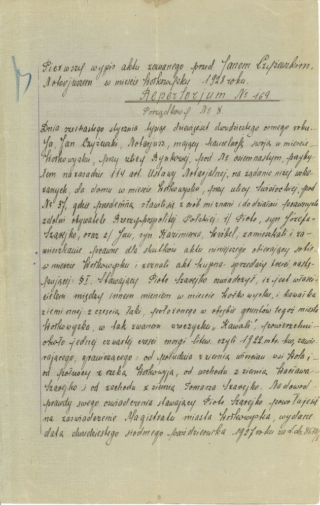 WYPIS AKTU NOTARIALNEGO  WOŁKOWYSK 1928
