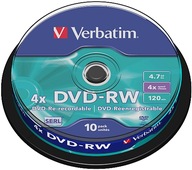 PŁYTY DVD-RW VERBATIM 4.7GB WIELOKROTNY ZAPIS 10sz