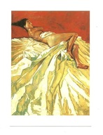 Pocztówka - Vrielink, Kobieta na łóżku, w czerwieni i złocie