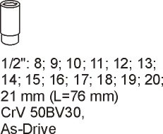 ВСТАВКА ДЛЯ ЯЩИКА YATO, ДЛИННЫЕ НАСАДКИ 1/2, 8–21 мм