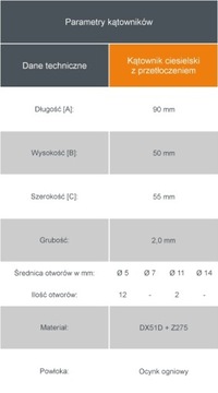 Kątownik CIESIELSKI łącznik przetłoczony - 90x50x55x2,0 mm - 10 sztuk