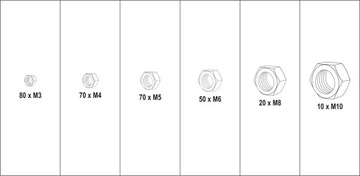НАБОР МЕТРИЧЕСКИХ ГАЙОК ИЗ 300 ШТ., РАЗМЕРЫ СМЕШАННЫХ