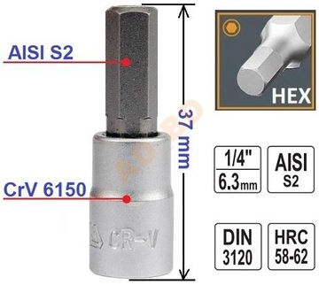 Imbus na nasadce 1/4'' hex 3 mm 37mm YATO YT-7667