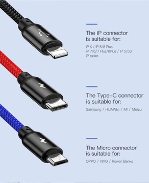 BASEUS MOCNY KABEL USB PRZEWÓD 3w1 do IPHONE MICRO TYP-C USB-C 3.5A 30cm