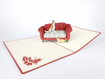 Kot 1 dog on sofa, christmas card 3-door, фото