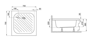 Акриловый душевой поддон 70х70 квадрат, глубина 22 см.