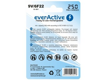 1 шт. аккумулятор EverActive 6F22 9 В 250 мАч R2U!