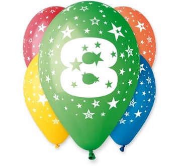 BALONY 8 NA ÓSME URODZINY 30 CM, 5 SZTUK cyfra 8