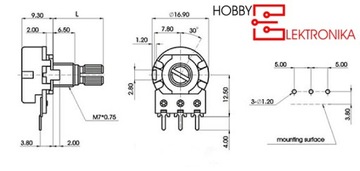 Поворотный потенциометр 2 кОм B линейный l=15 мм