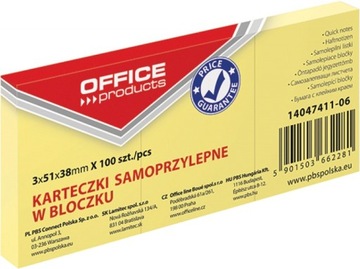 Karteczki bloczki samoprzylepne 3x 38x51 mm żółte