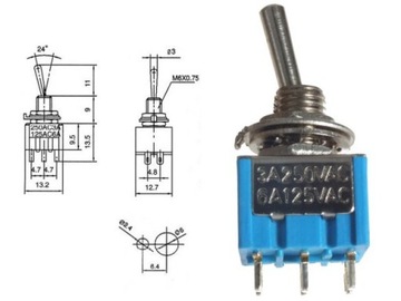 Тумблер 6-контактный 3-позиционный ВКЛ-ВЫКЛ-ВКЛ 250 В переменного тока