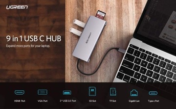 HUB Adapter UGREEN USB-C 9w1 3xUSB VGA SD RJ45