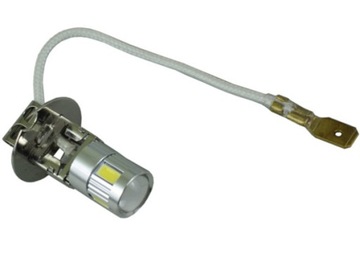 żarówka H3 LED z przewodem 6 x 5730 UHP soczewka DRL dzienne 12V 24V biała