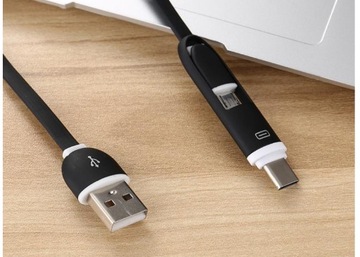 ПРОЧНЫЙ ПЛОСКИЙ КАБЕЛЬ 2-в-1 MICRO USB TYPE C USB-C НОВЫЙ