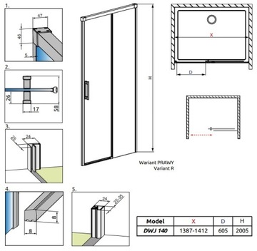 RADAWAY Idea Black DWJ 140 дверь правая, прозрачная