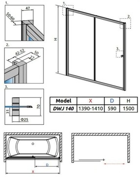 Дверца для ванны RADAWAY VESTA DWJ 140 - прозрачное стекло