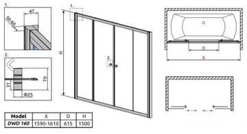 RADAWAY VESTA DWD 160 Дверь для ванны, прозрачное стекло