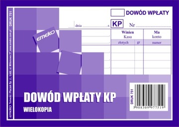 KP Dowód wpłaty DRUK niebieski EMEKO A6 751 ŁÓDŹ