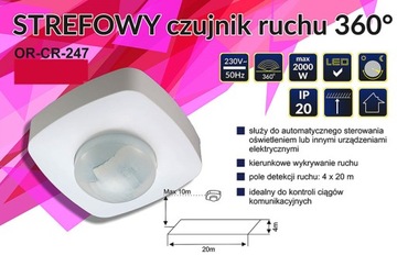 CZUJNIK RUCHU STREFOWY 360 STOPNI OR-CR-247 4x20m