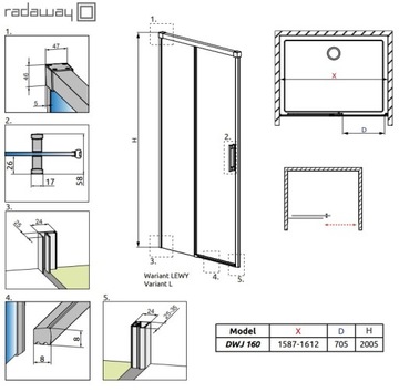 RADAWAY Idea DWJ 160 двери, левая, прозрачное стекло