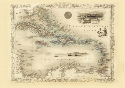 KARAIBY KUBA HAITI BAHAMY mapa ilustrowana 1851 r.