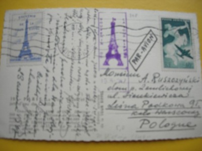 Kartka nadana pocztą lot z wieży Eiffla w Paryż'47