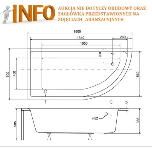 BESCO PRAKTIKA УГЛОВАЯ ВАННА 150x70 КОРПУС СИФОНА