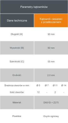 Kątownik CIESIELSKI łącznik przetłoczony - 90x50x55x2,0 mm - 10 sztuk