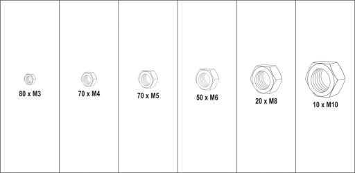 НАБОР МЕТРИЧЕСКИХ ГАЙОК ИЗ 300 ШТ., РАЗМЕРЫ СМЕШАННЫХ