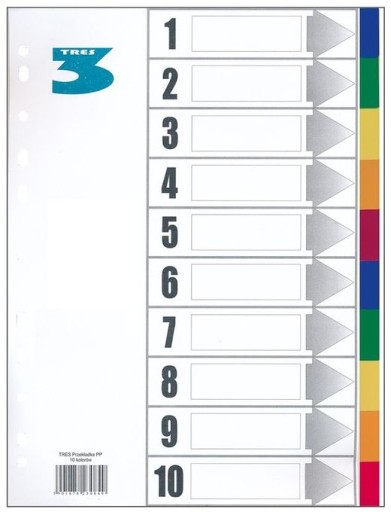 PRZEKŁADKI DO SEGREGATORA A4, POLIPROPYLENOWE 1-10, KOLOROWE INDEKSY