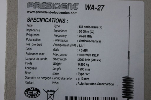 CB ANTENNA PRESIDENT WA 27 с кабелем длиной 199 см