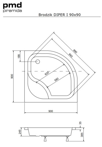 ПОЛЬСКИЙ ДУШЕВОЙ ПОДДОН 90x90 ВЫС С КОРПУСОМ И НОЖКАМИ