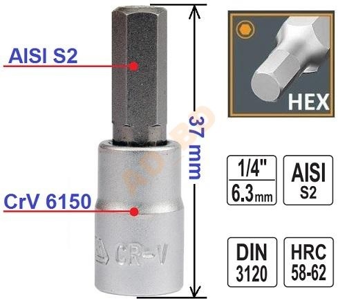 Imbus na nasadce 1/4'' hex 3 mm 37mm YATO YT-7667