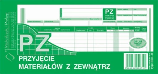 Druk MiP Przyjęcie materiałów z zewnątrz PZ 352-8