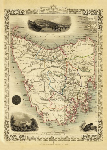 AUSTRALIA TASMANIA Hobart mapa ilustrowana 1851 r.