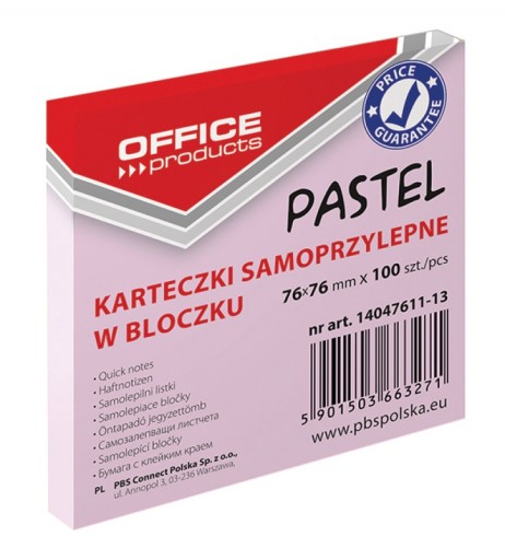 Karteczki samoprzylepne bloczek kartek kostka różowe 76x76 mm 100 szt.