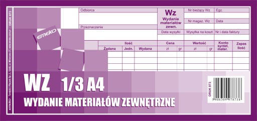 DRUK WZ WYDANIE MATERIAŁÓW ZEWN. 1/3 A4 EMEKO