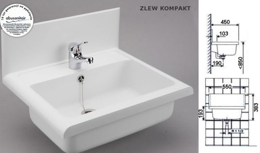ZLEW COMPACT KOLOR BIEL LUB SZARY ŚCIANA NIEMIECKI