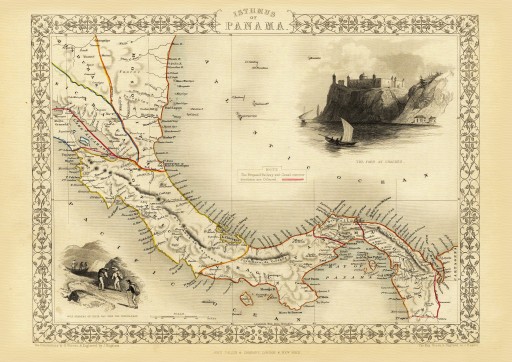 PRZESMYK PANAMSKI mapa ilustrowana 1851 r. płótno