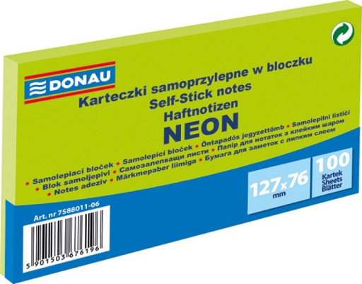 BLOCZEK SAMOPRZYLEPNY DONAU, 127X76MM, 1X100 NEON