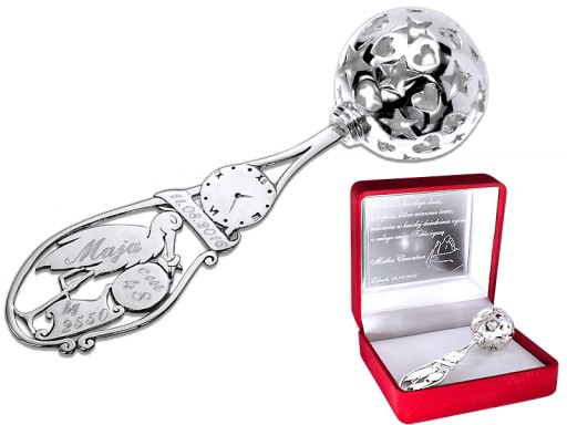 Срібне брязкальце Лелека Сувенір на Хрещення, гравірування