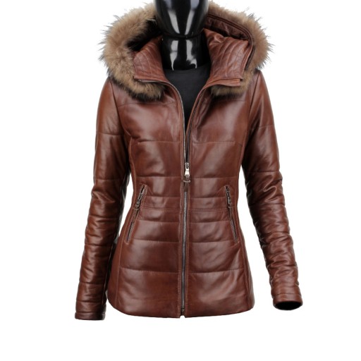 Hnedá dámska kožená bunda prešívaná s kapucňou DORJAN HLNL122A 3XL